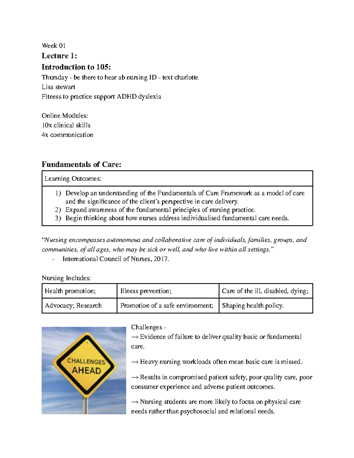 NURS 105 Week 01 Lecture Notes: Fundamentals of Care & Professionalism ...
