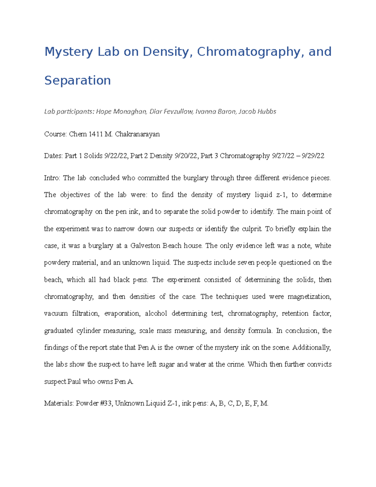 Chem 1411: Formal Lab Report on Mystery Lab Density & Chromatography ...