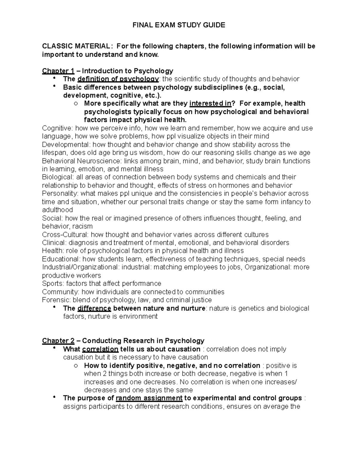 Psych Final Exam Study Guide - CLASSIC MATERIAL: For the following ...