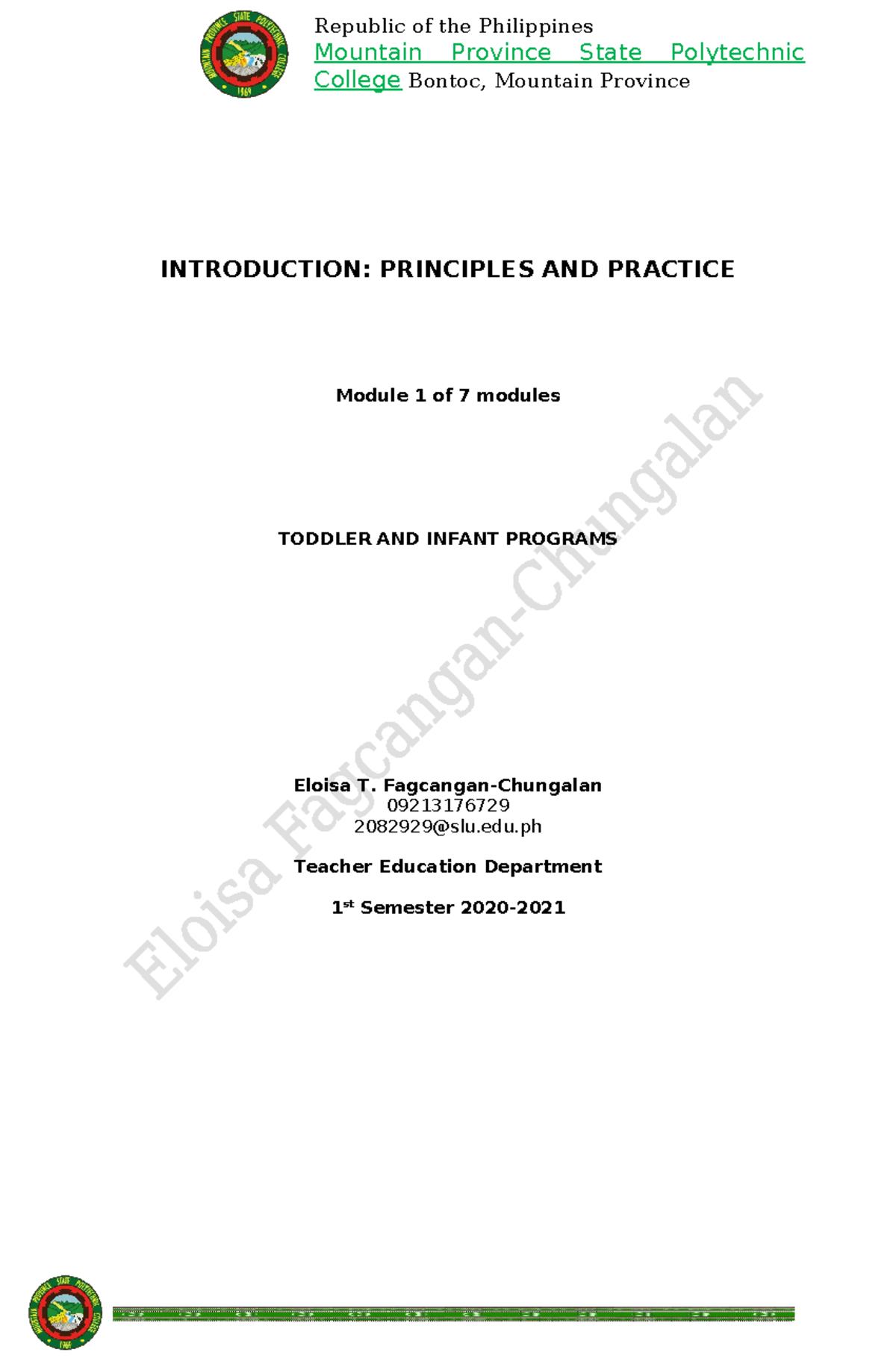 Toddler and Infant Education Module 1: Introduction and Principles ...