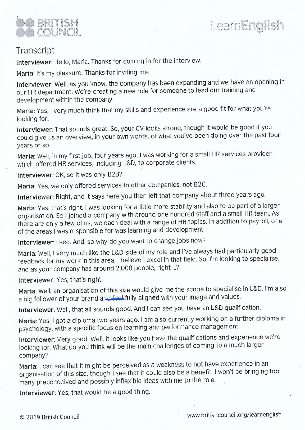 Interview Exercises - BRITISH COUNCIL LearnEnglish Transcript - Studocu
