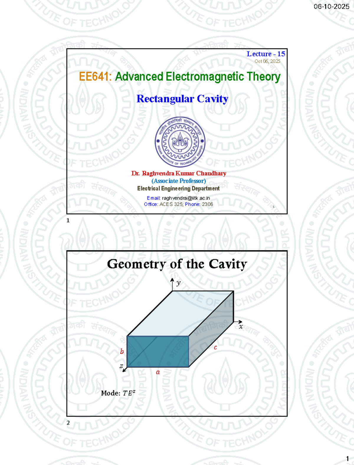 Lecture 15: EE641 Advanced Electromagnetic Theory - Rectangular Cavity ...