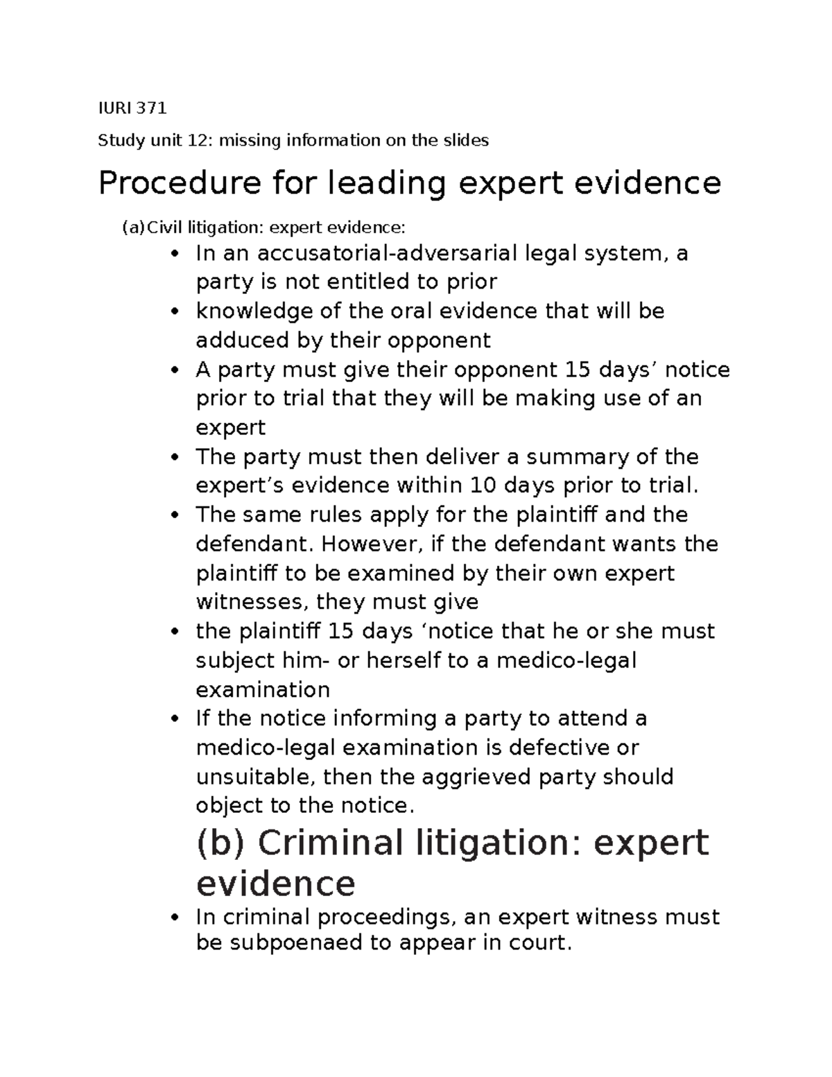 IURI 371 Study Unit 12: Expert Evidence Procedures in Litigation - Studocu