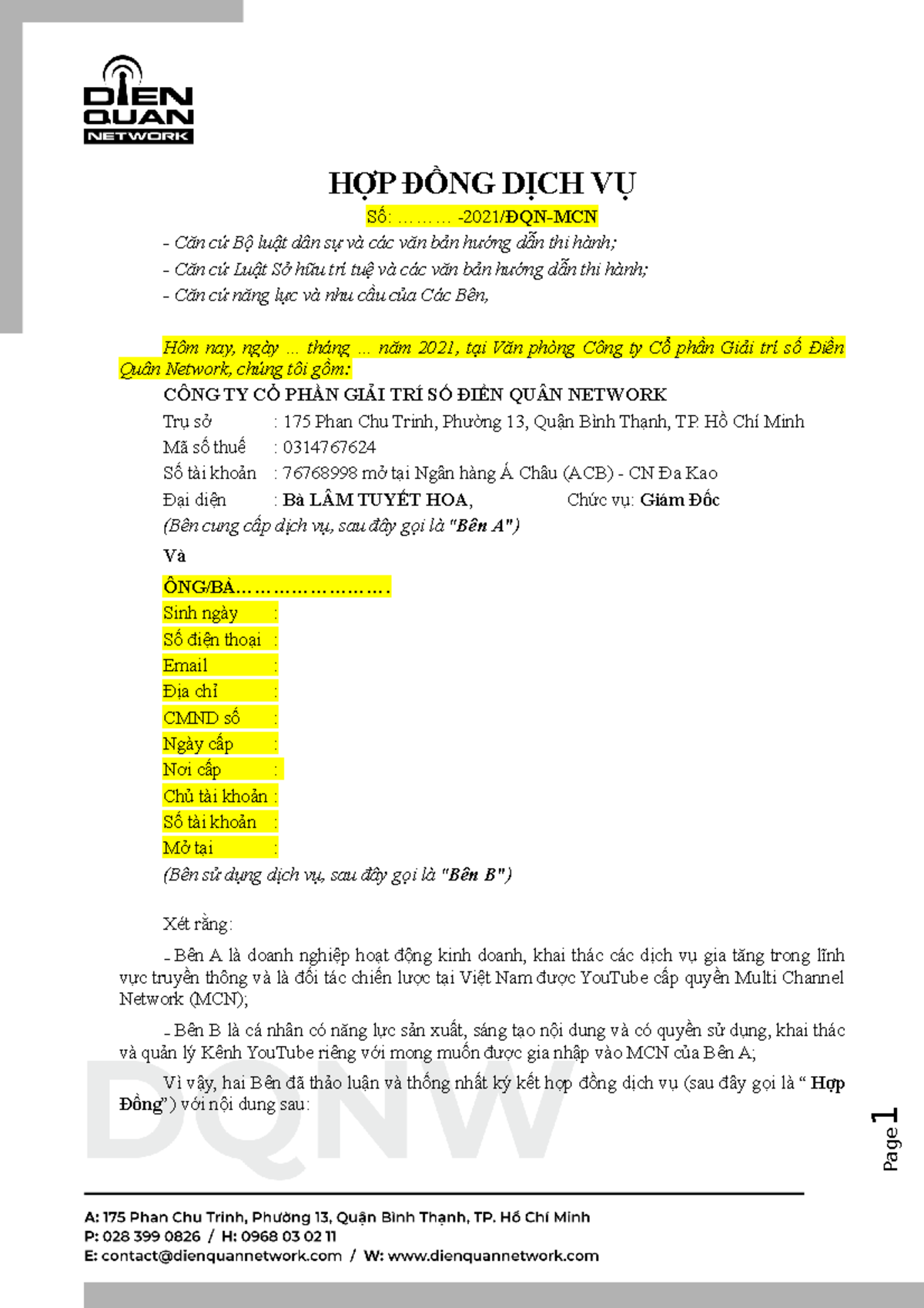 Hợp Đồng Dịch Vụ Giữa Công Ty và Cá Nhân - ĐQN-MCN - Document Preview