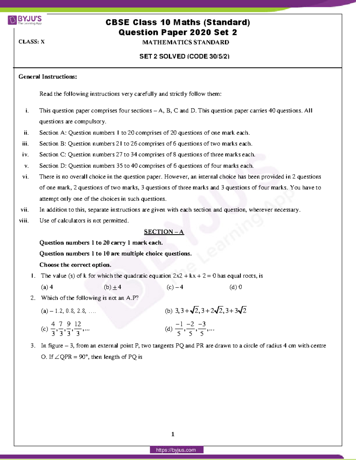 Cbse class 10 maths standard question paper 2020 set 2 - CLASS: X ...