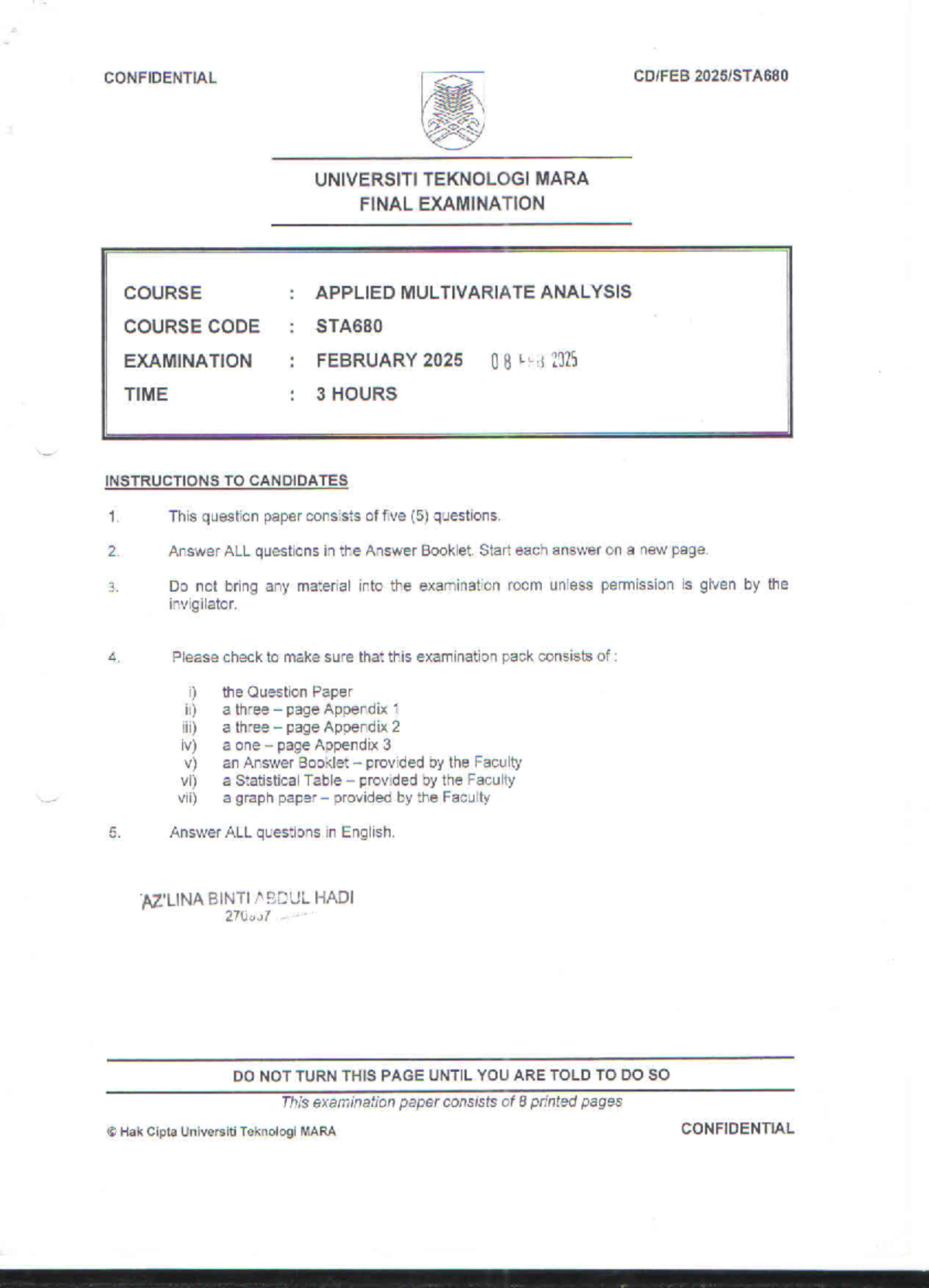 STA680 Final Exam: Applied Multivariate Analysis - February 2025 - Studocu