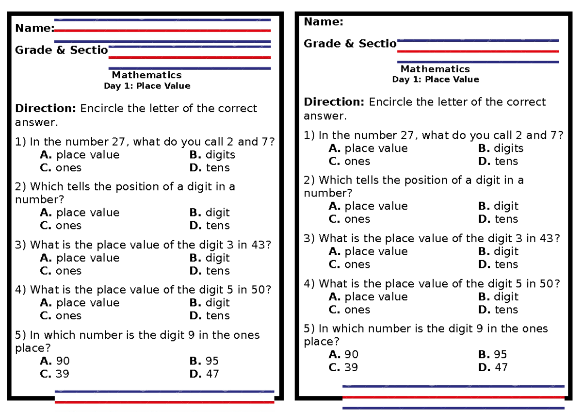 G1 Q2 W4 MATH LAS - MATH - Name: Grade & Section: Mathematics Day 1 ...