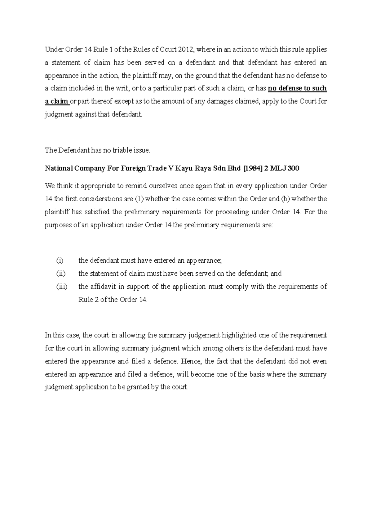 Summary Judgment Research: Order 14 Rule 1 Analysis - Studocu