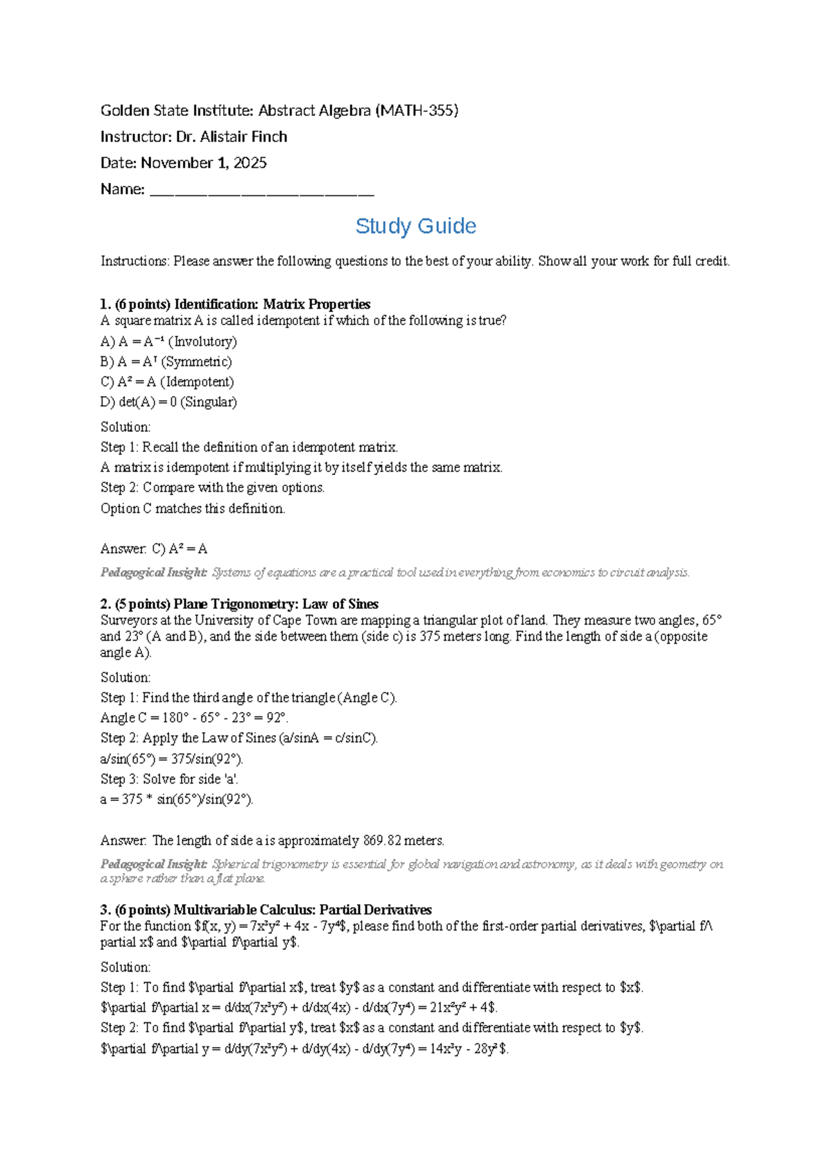 Comprehensive Review Study Guide for Abstract Algebra 8326 - Studocu