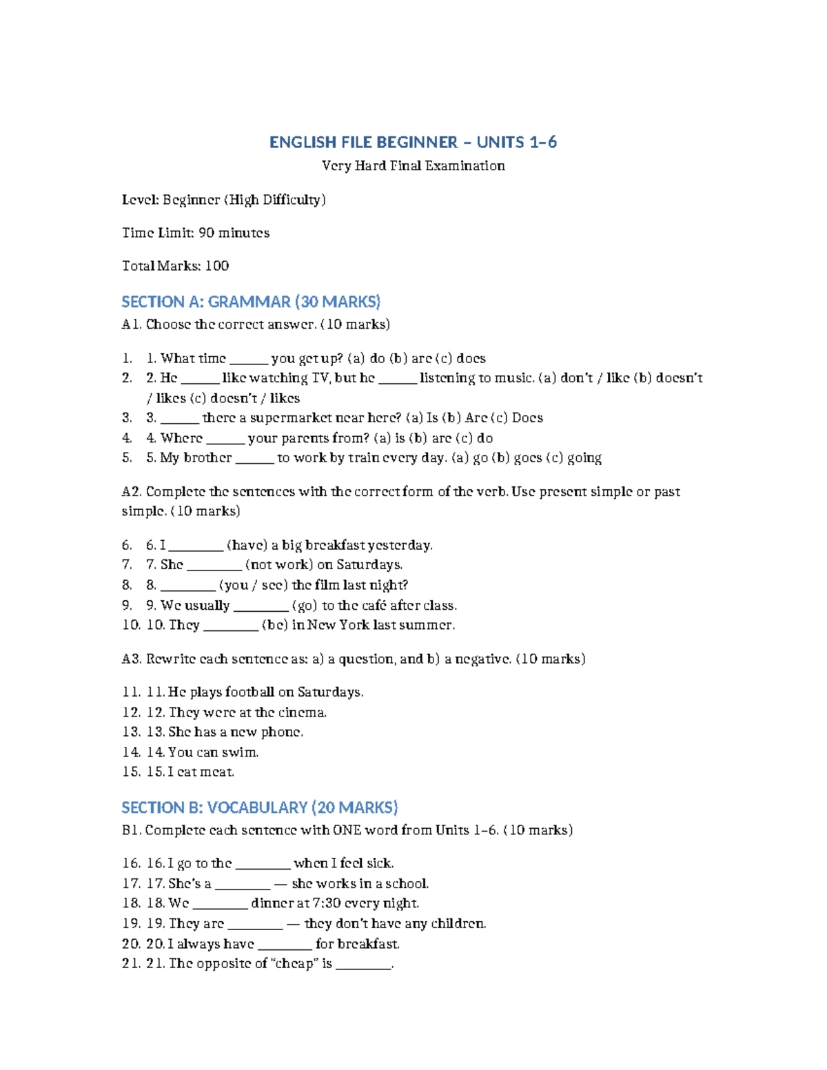 English File Beginner (3rd Ed) Very Hard Exam: Grammar & Vocabulary ...