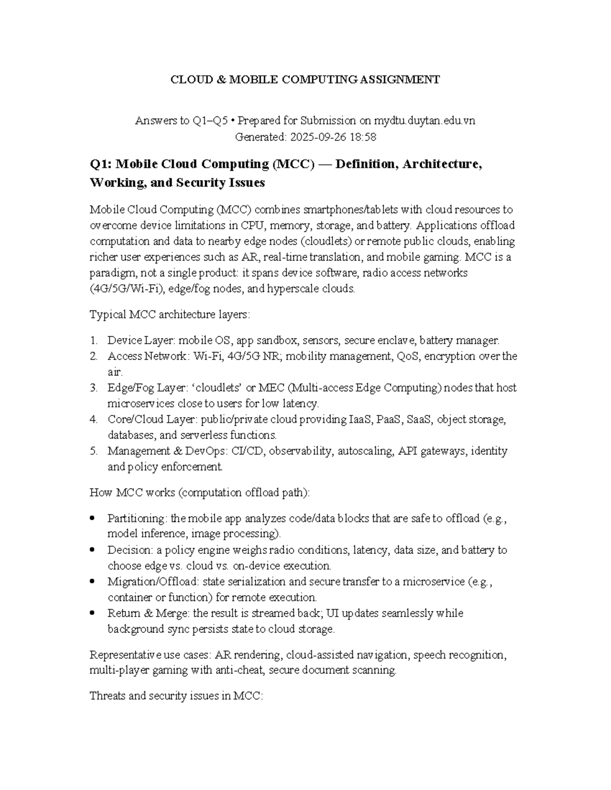 CLOUD MOBILE COMPUTING ASSIGNMENT: Key Concepts & Security Issues - Studocu