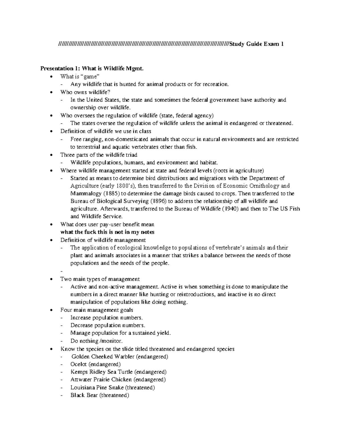Study Guide for Exam 1: Intro to Wildlife Management (WLM 101) - Studocu