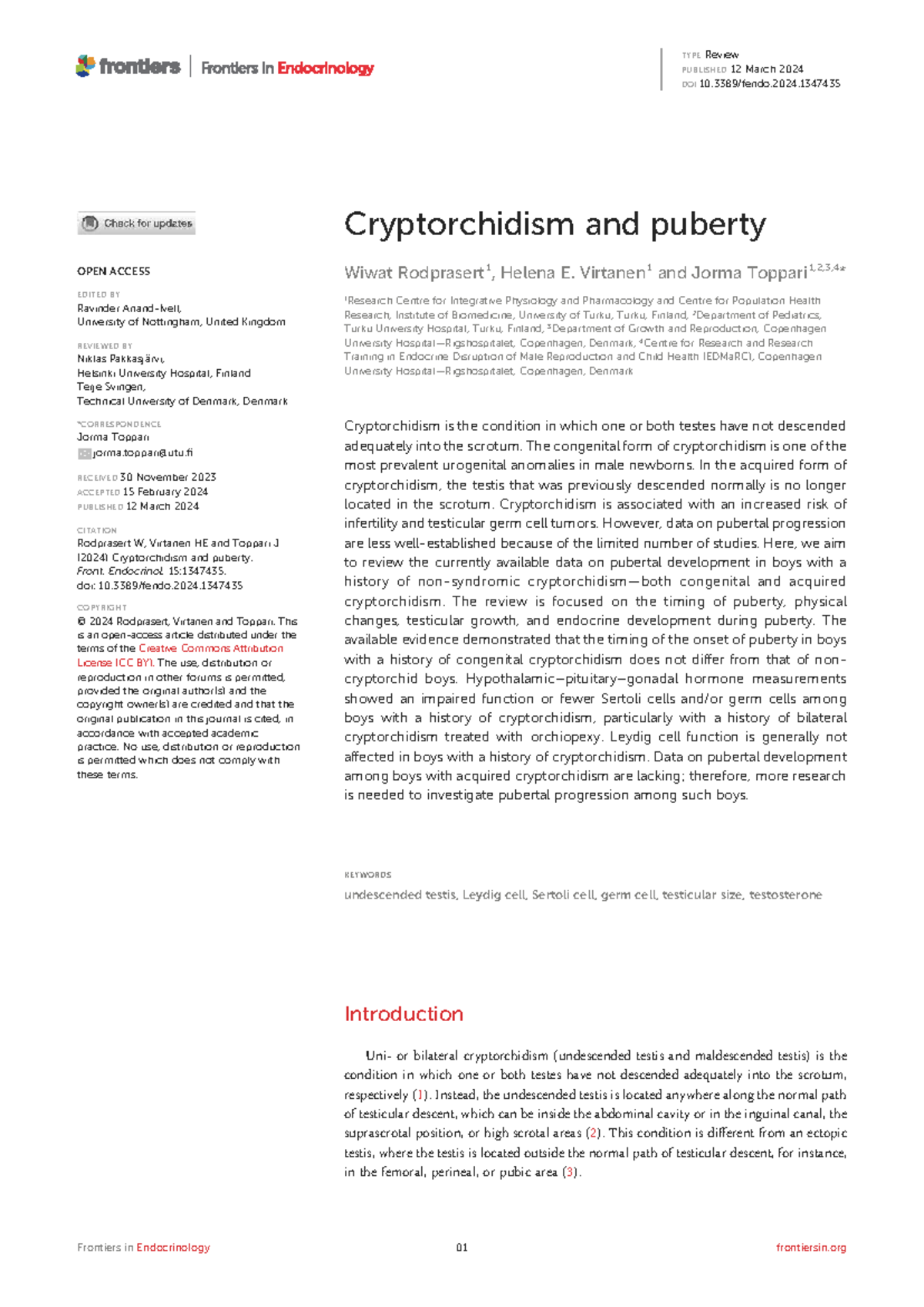 Cryptorchidism and Puberty: Insights into Testicular Development and ...
