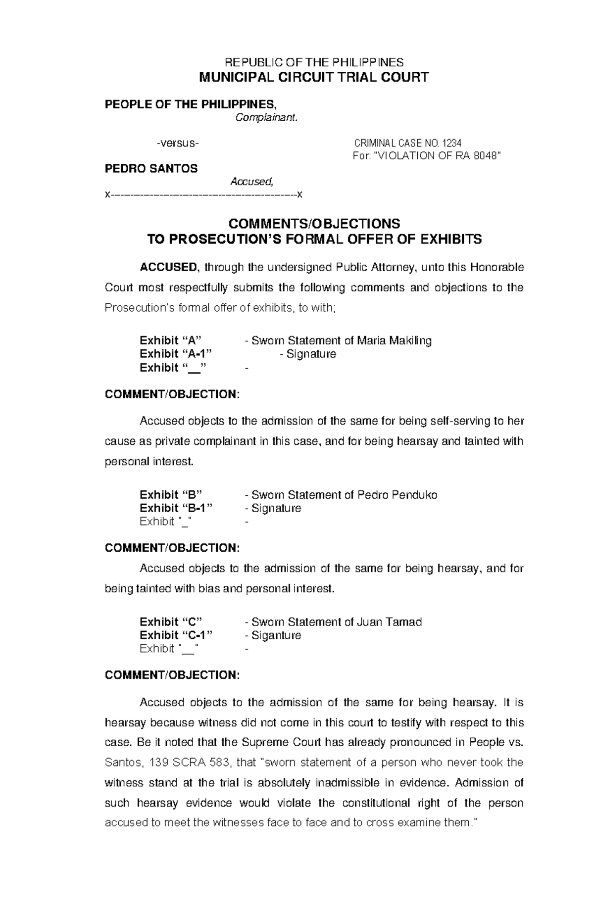 Objection to Prosecution's Formal Offer of Evidence in Criminal Case No ...