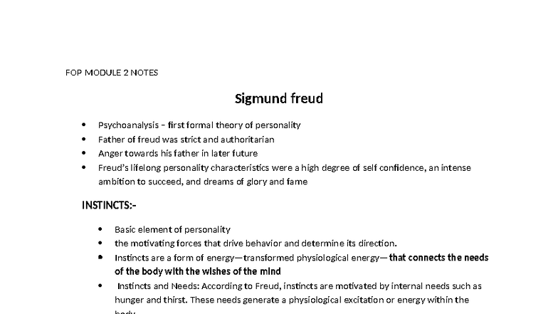 FOP 2: Freud's Psychoanalysis & Personality Theory Insights - Studocu