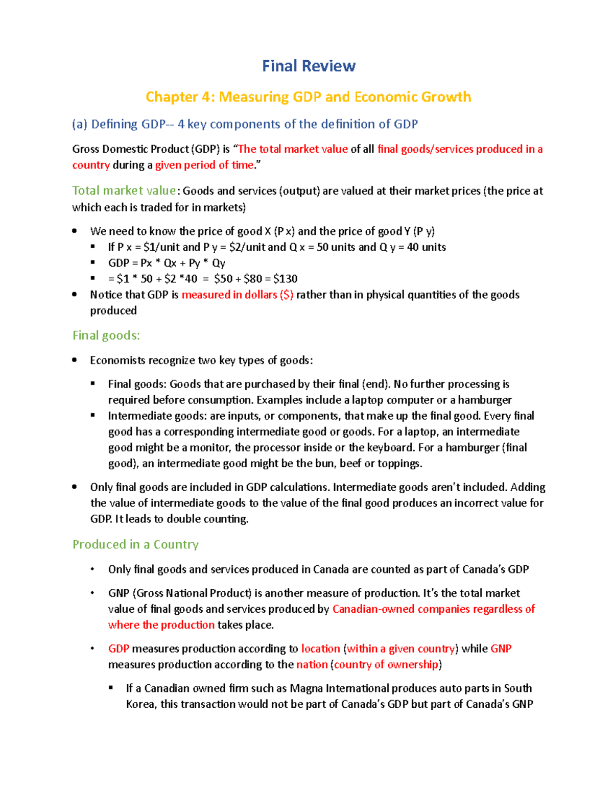ECON 1032 - Final Exam Review - Final Review Chapter 4: Measuring GDP ...