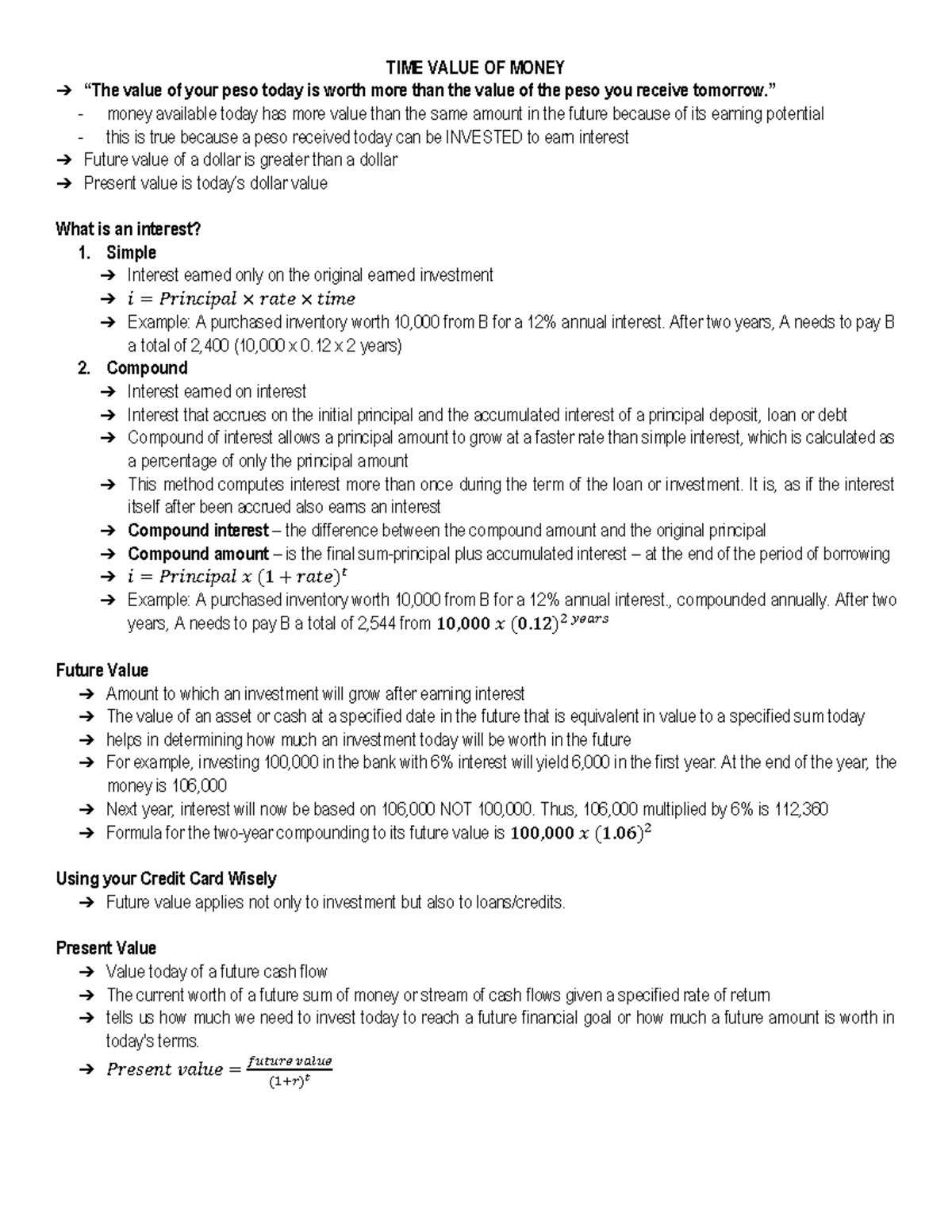 FIN 101: Financial Management Notes on Time Value of Money Concepts ...
