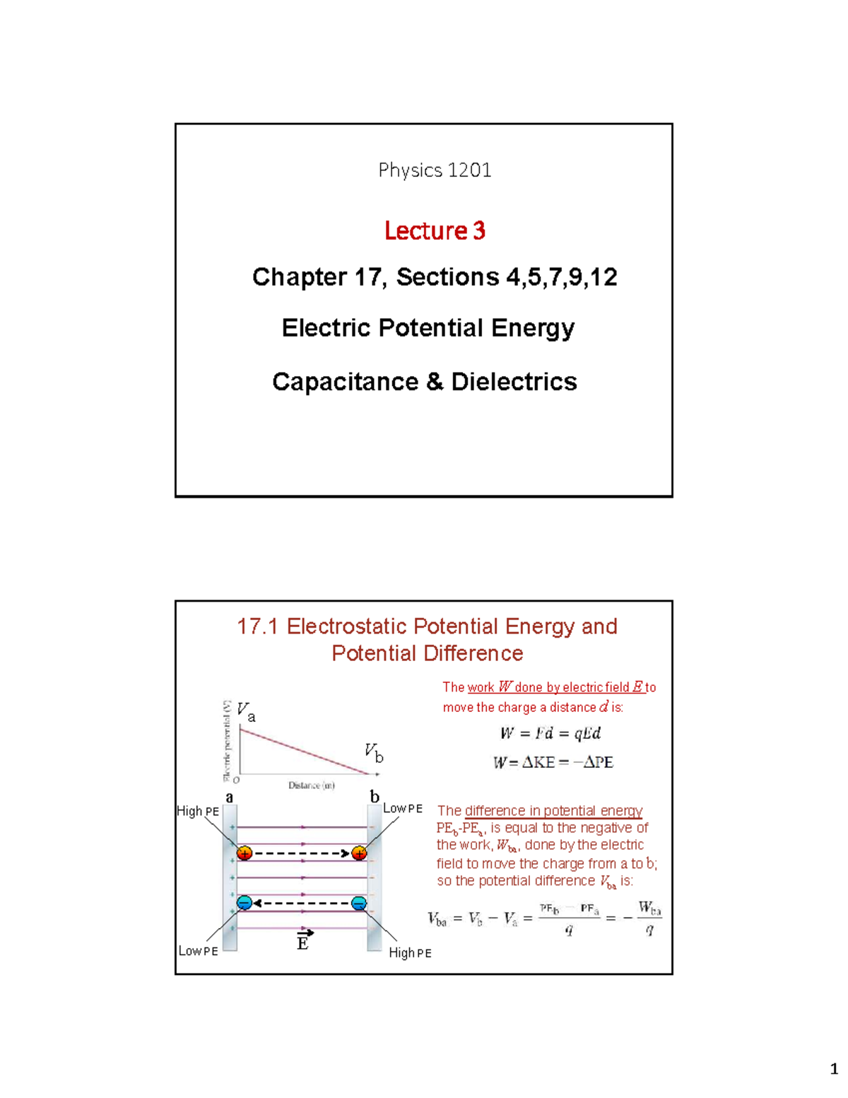 Physics 1201 Final Exam Lecture Notes: Electric Potential & Capacitance ...