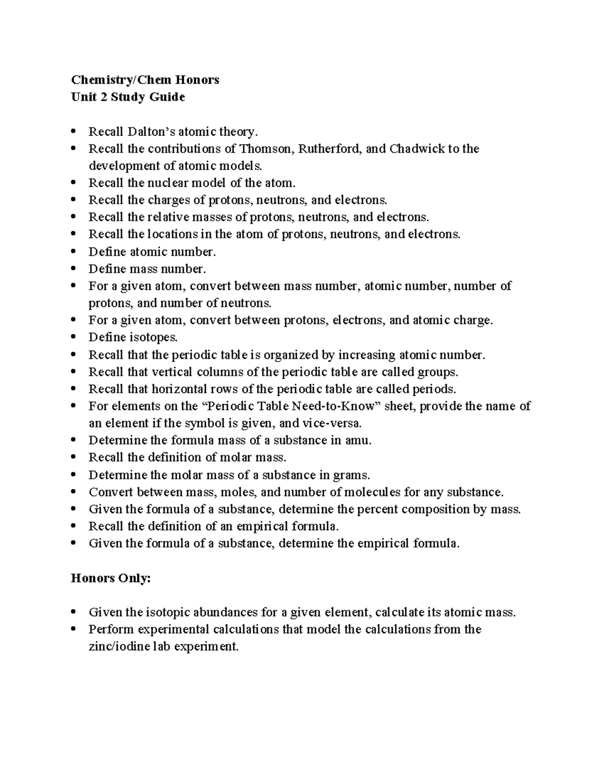Chemistry 19 Unit 2 Study Guide: Atomic Theory & Periodic Table ...