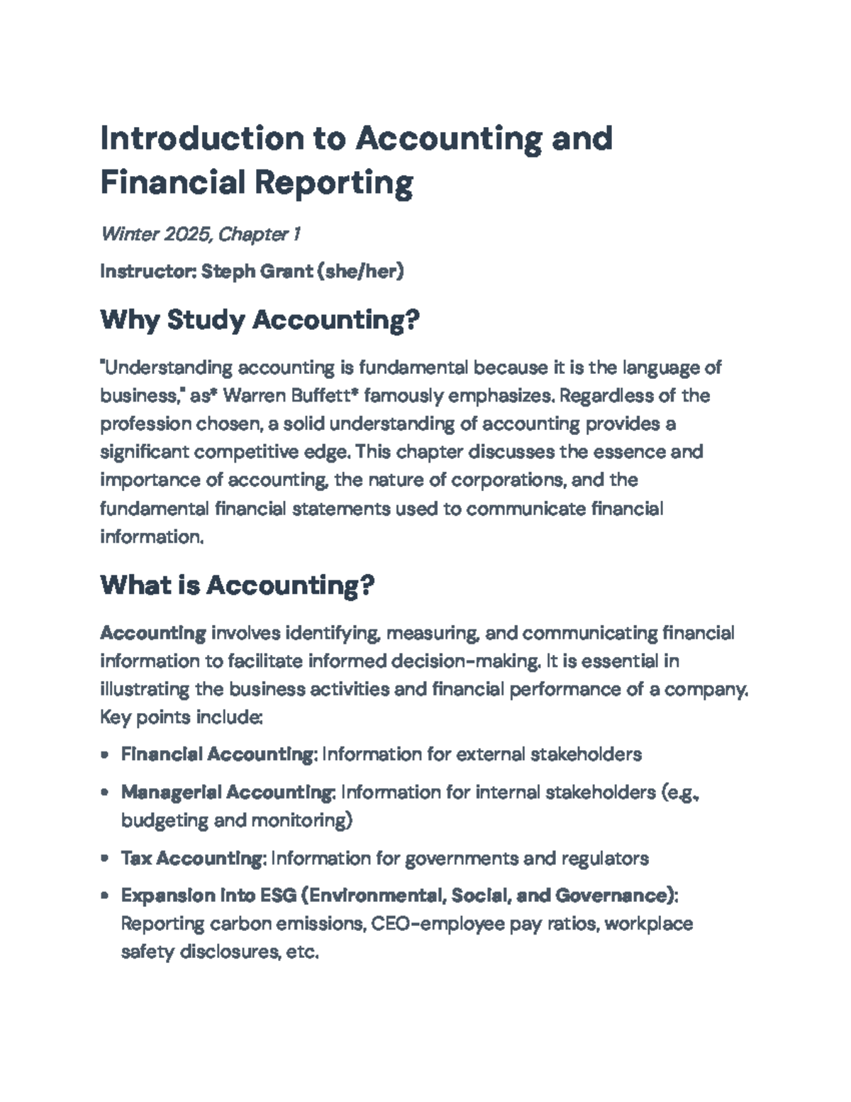 Introduction to Accounting & Financial Reporting - Winter 2025, Ch. 1 ...