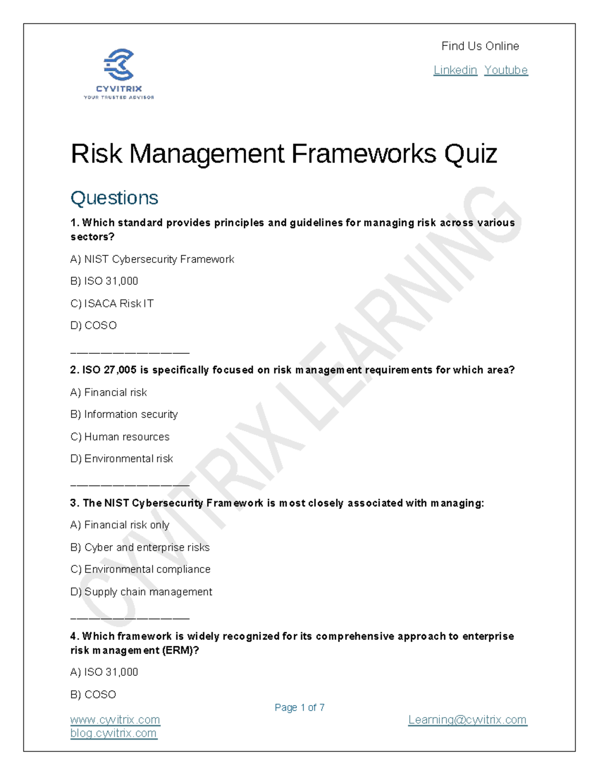 RISK 101: Quiz on Risk Management Frameworks MCQs - Studocu