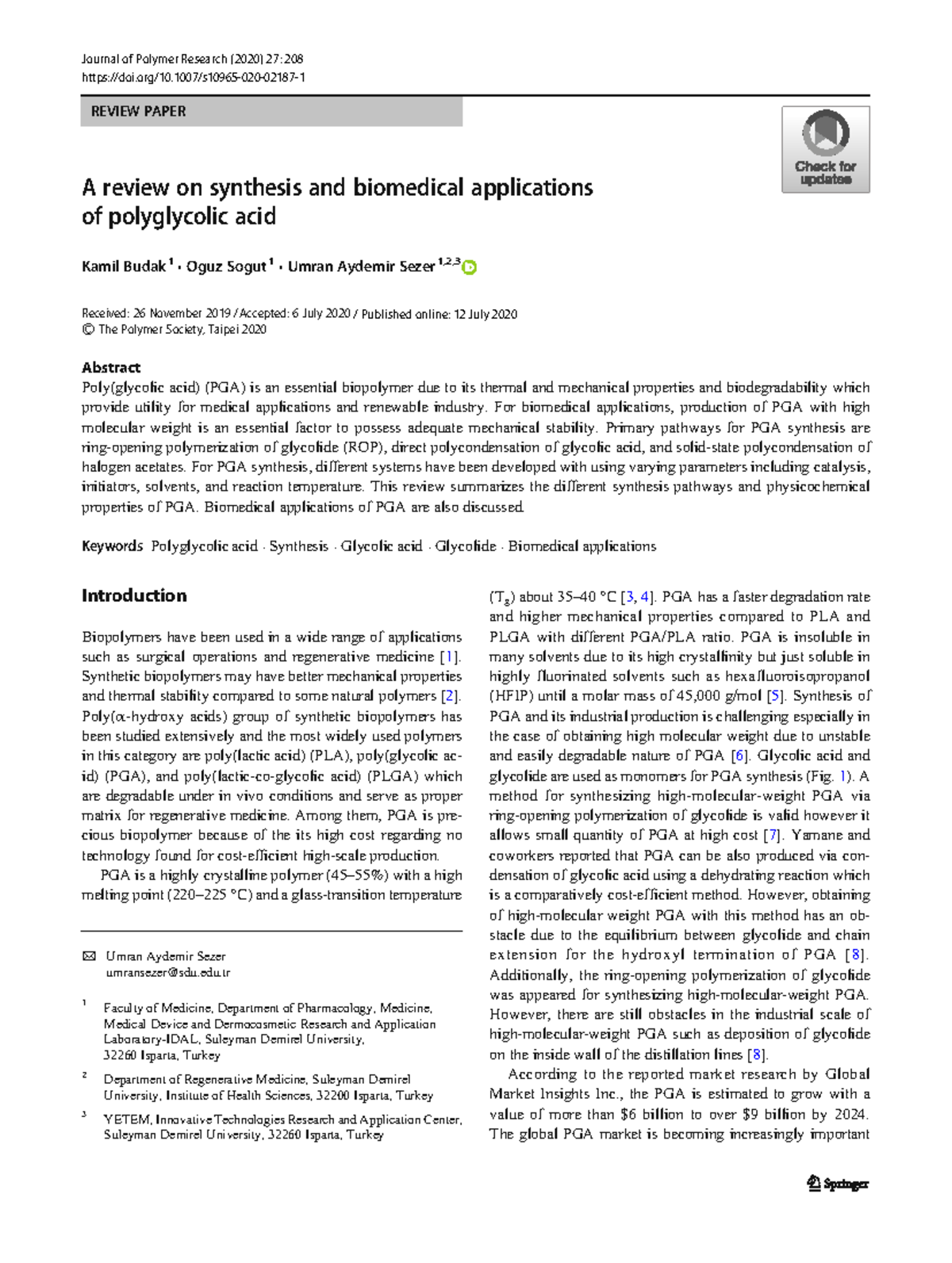 Synthesis and Biomedical Applications of Polyglycolic Acid (PGA ...