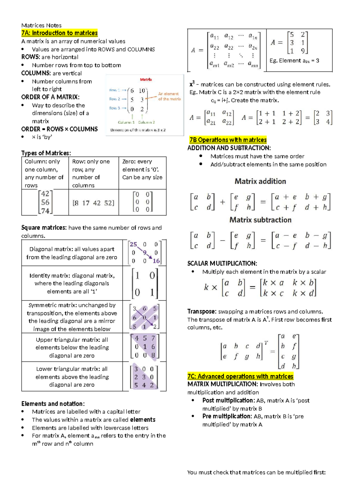 Matrices Notes 7A-7F: Comprehensive Guide to Matrix Operations - Studocu