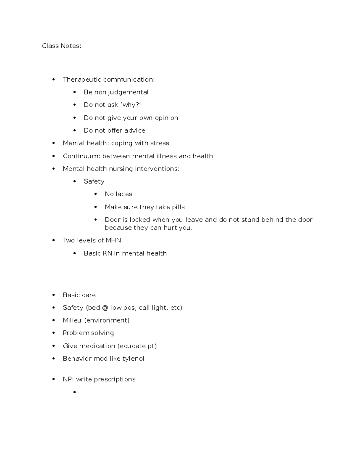 Class Notes - Mental health 9 - Class Notes: Therapeutic communication ...