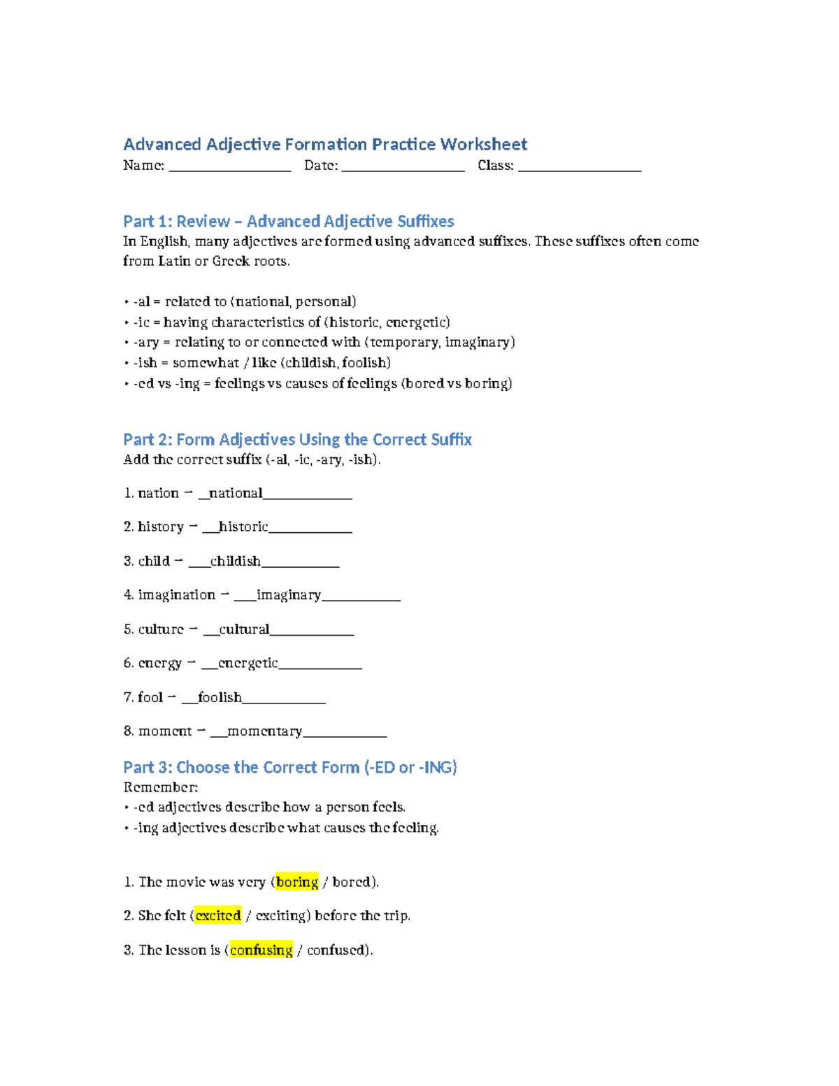 Advanced Adjective Formation Practice Worksheet (ENG 101) - Studocu