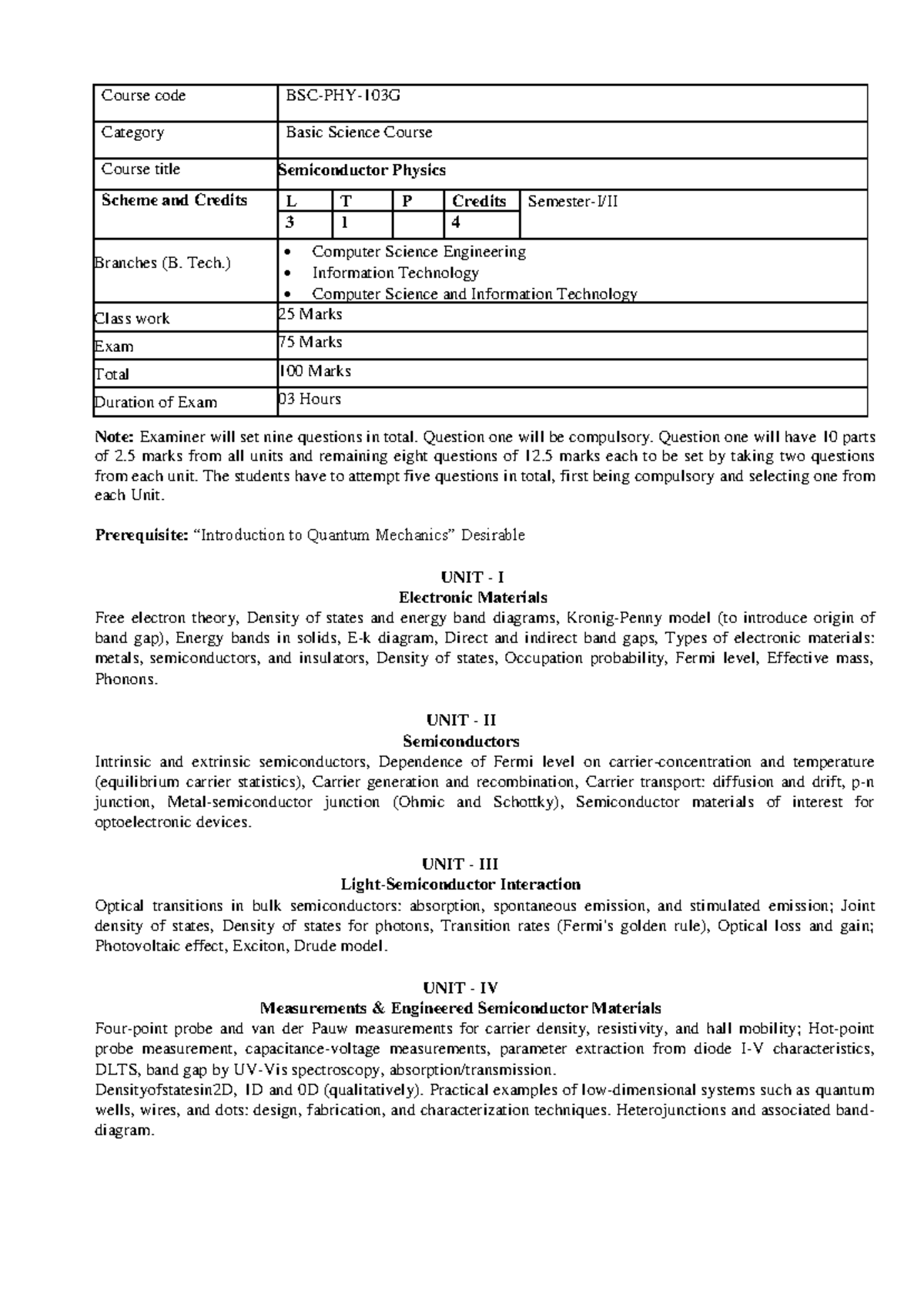 Semiconductor Physics Syllabus (B.Tech CSE/IT) - Basic Science Course ...