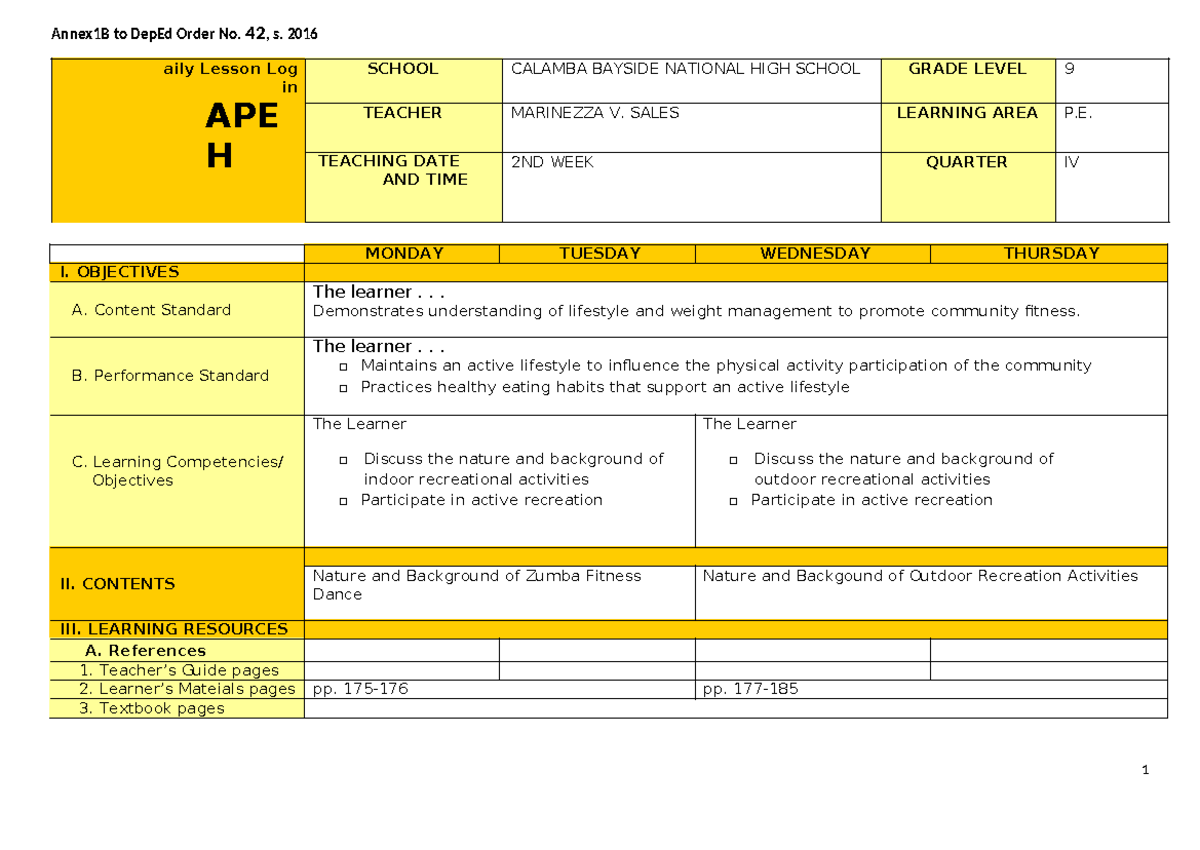 DLL-G9-PE-Q4-Week 2: Lesson Log on Zumba & Outdoor Activities - Studocu