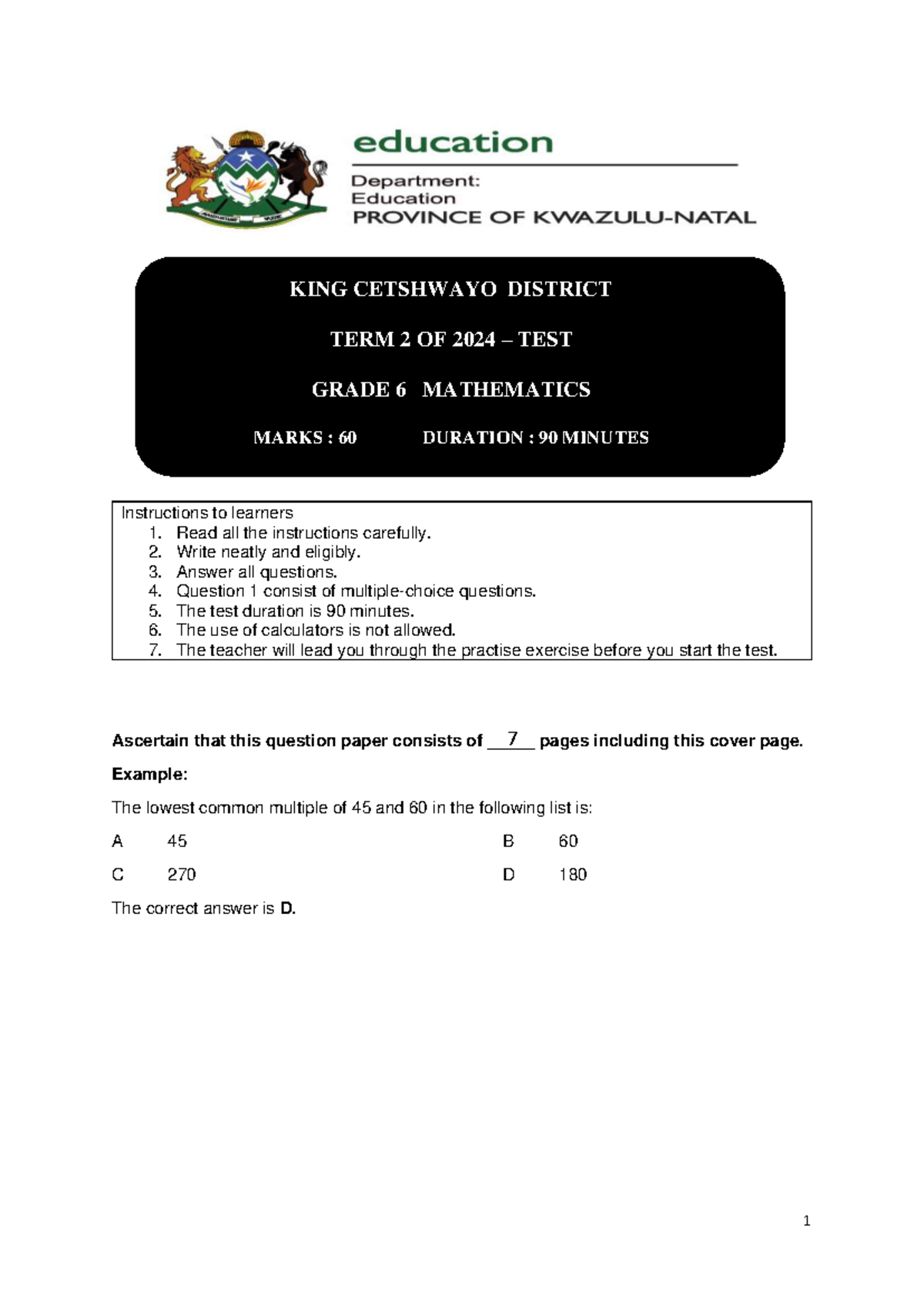GRADE 6 TERM 2 TEST 2024: MATHEMATICS (60 MARKS, 90 MINUTES) - Studocu