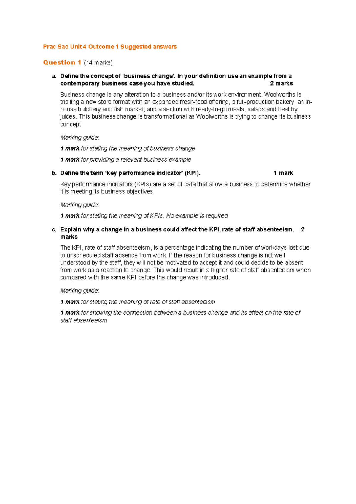 2023 Prac Sac Unit 4 Outcome 1: Business Change & KPIs Analysis - Studocu