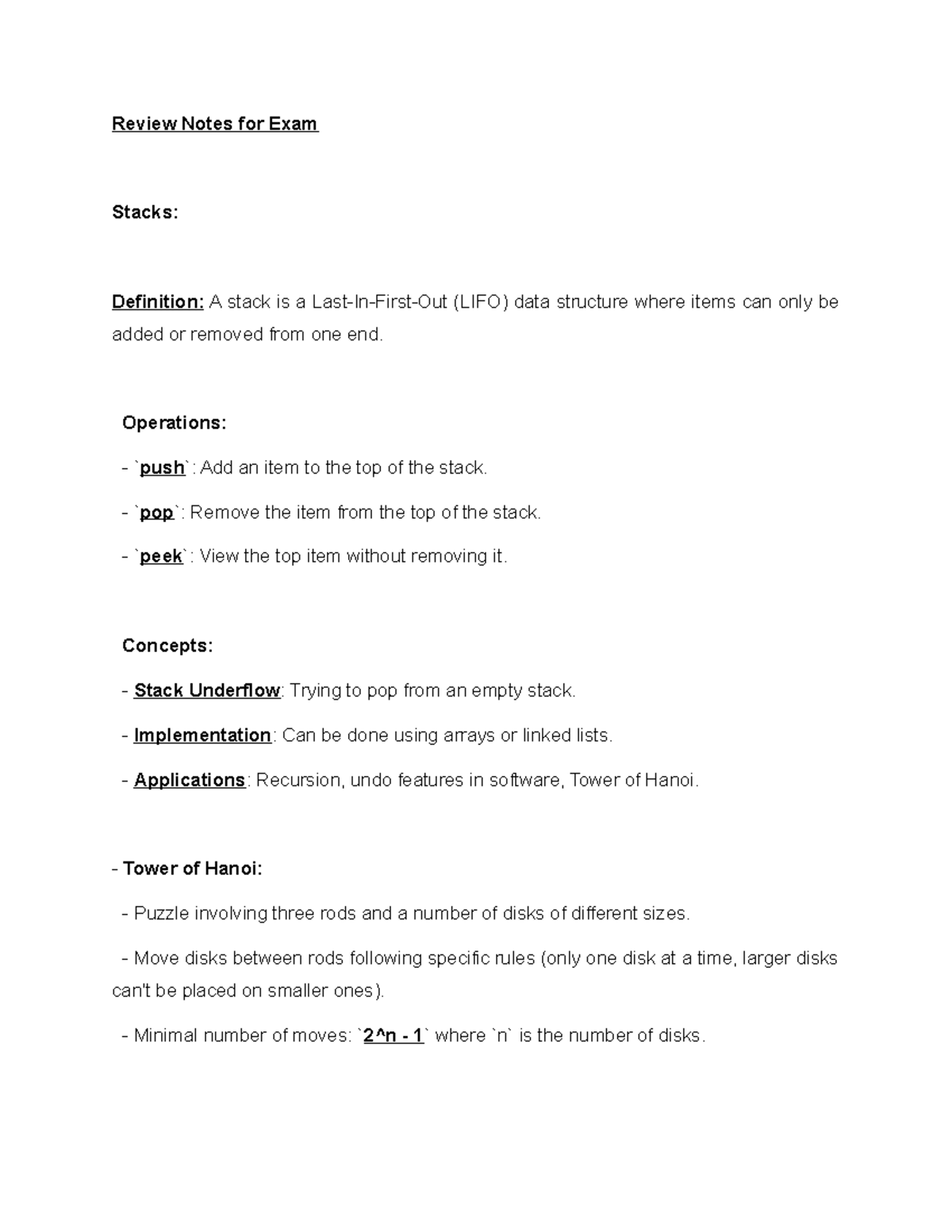 CCE105 Review Notes for Exam: Stacks, Queues, and Algorithms - Studocu