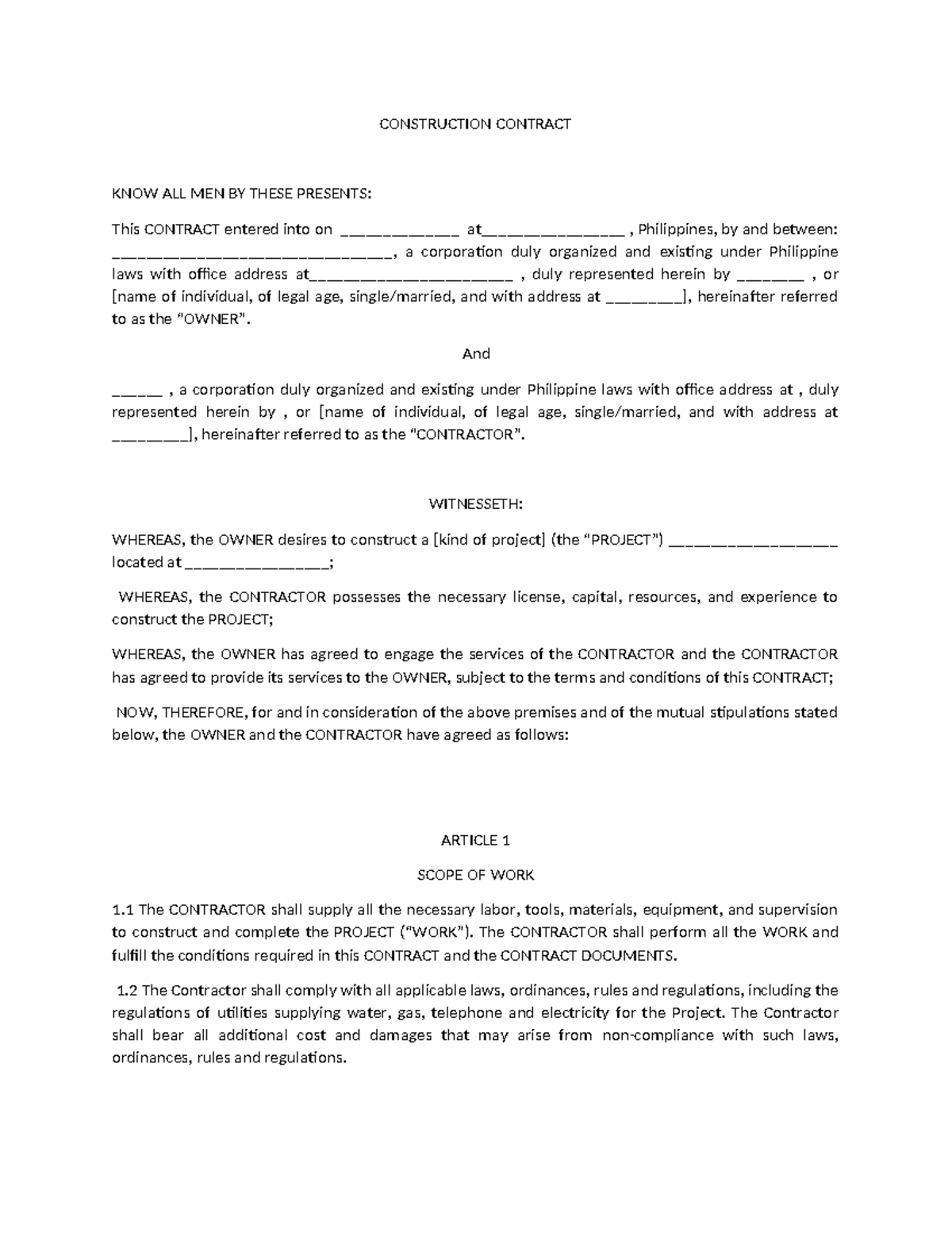 Sample Construction Contract Template for Construction Projects - Studocu
