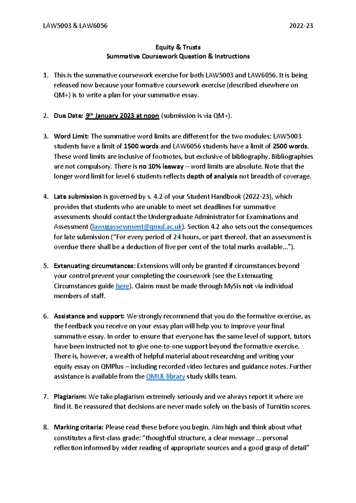 LAW5003 & LAW6056 Equity Summative Coursework Instructions & Qs - Studocu