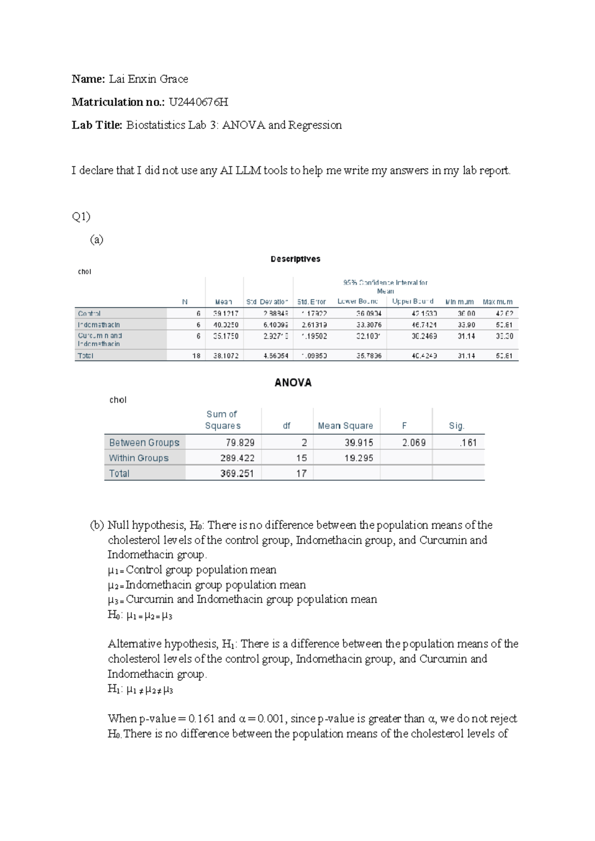 Biostatistics Lab 3 Report: ANOVA & Regression Analysis - Studocu