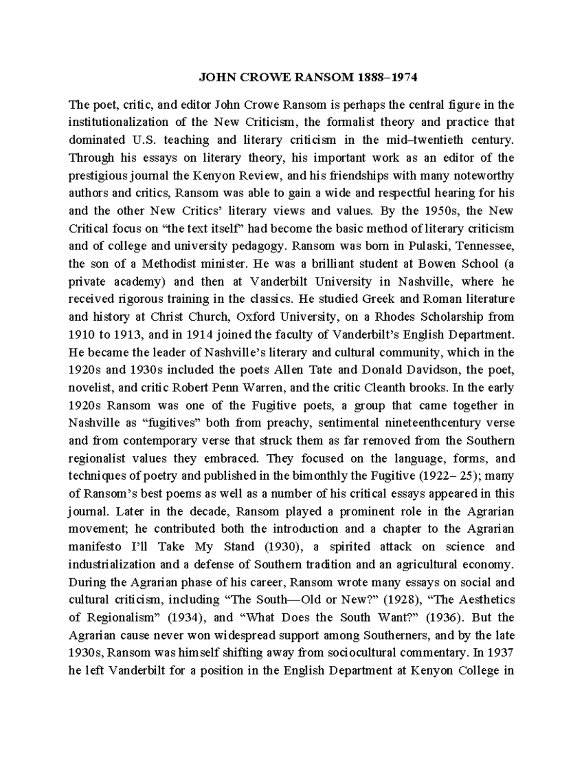 JOHN Crowe Ransom 1888 - dqwwqw - JOHN CROWE RANSOM 1888– The poet ...