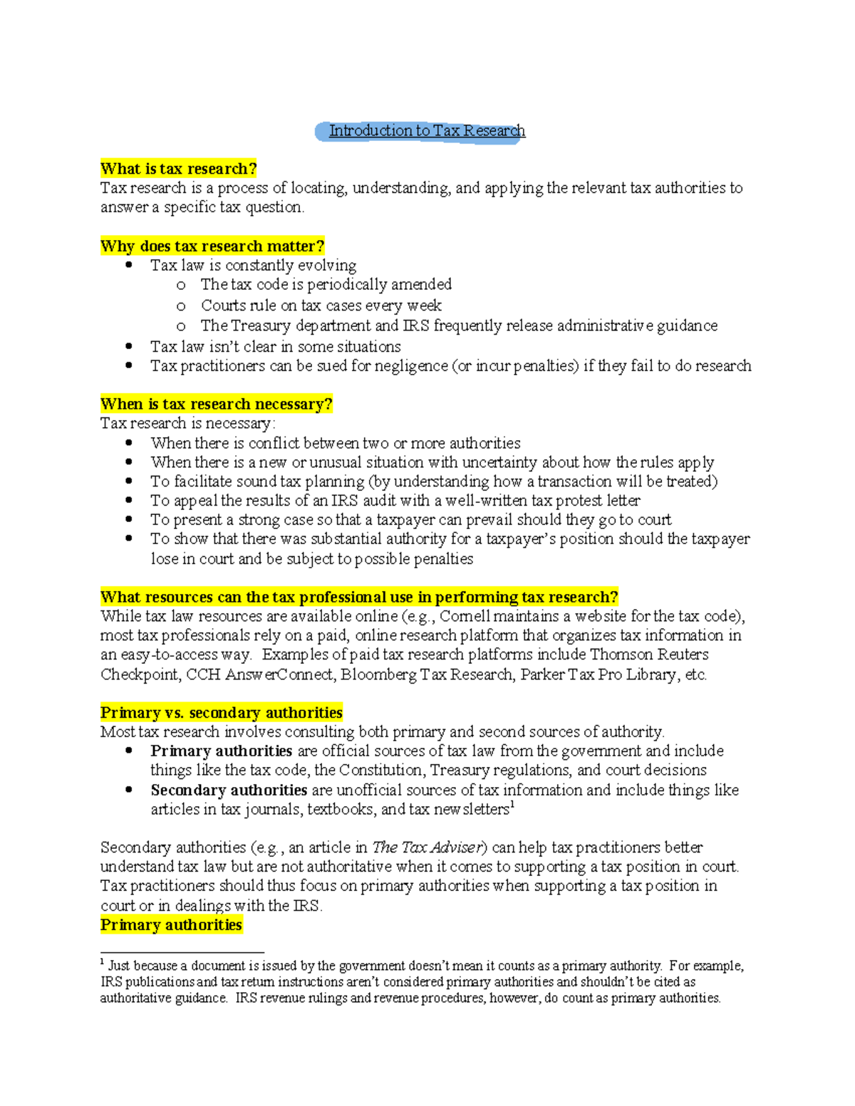 Comprehensive Guide to Tax Research and Regulations (TAX 101) - Studocu