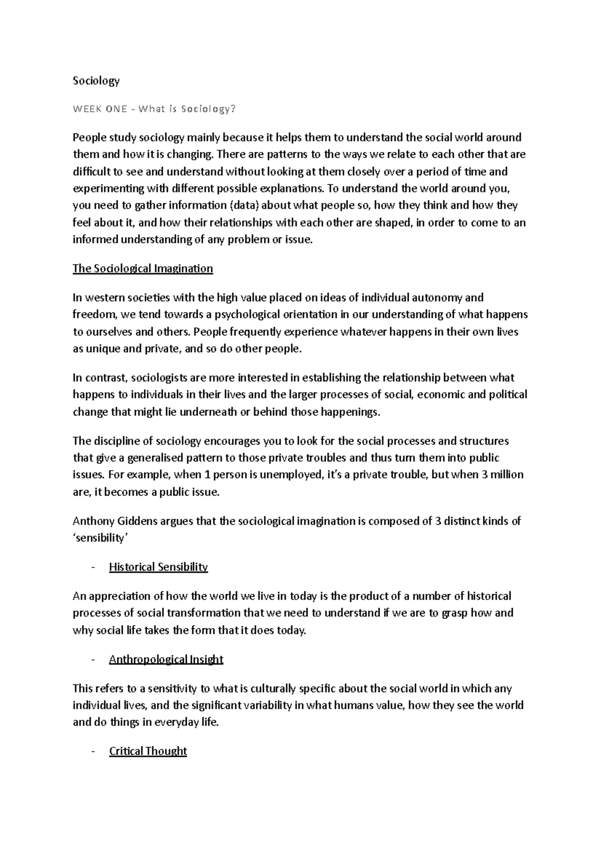 SOC 101: Week 1 Lecture Notes on Understanding Sociology and Its ...