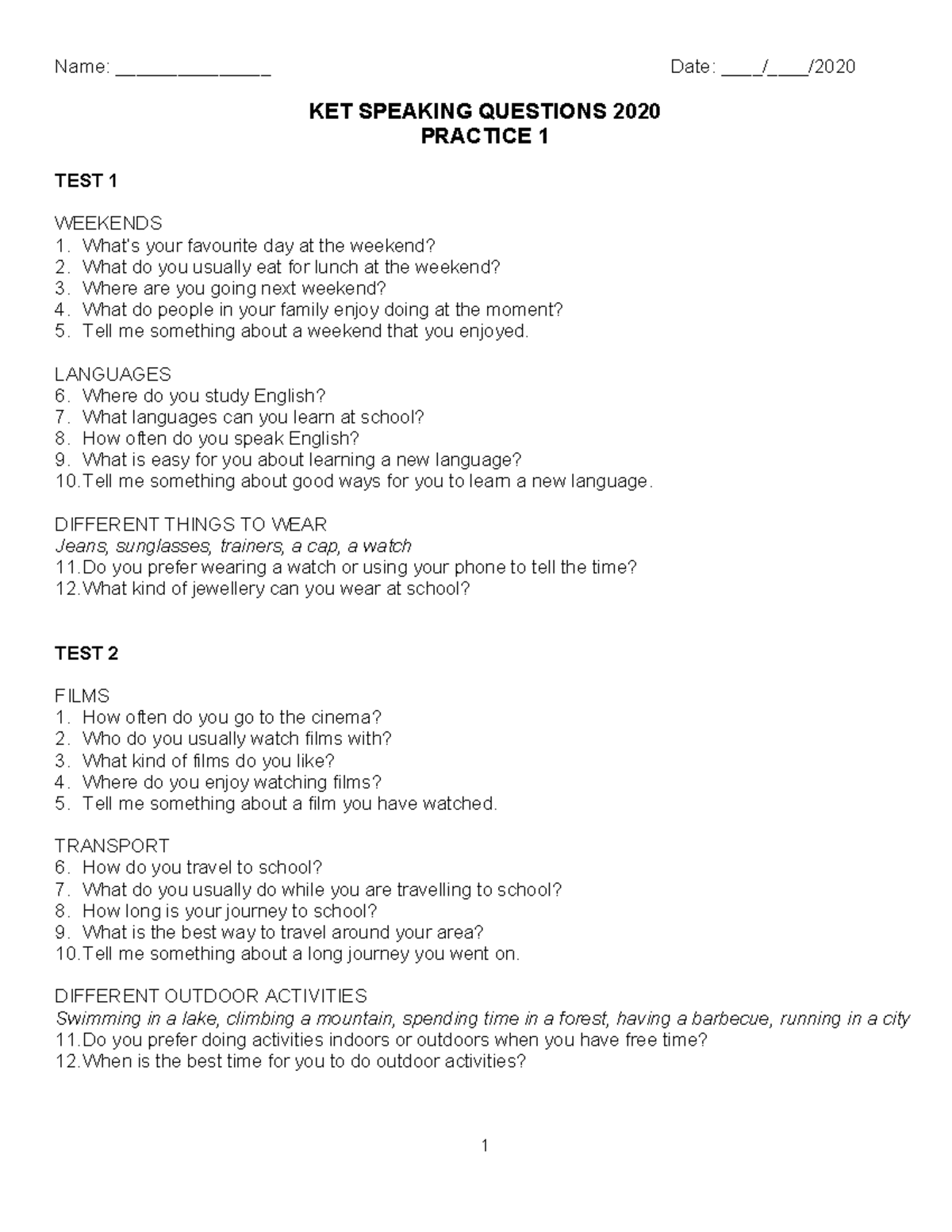 KET SPEAKING PRACTICE QUESTIONS 2020 - ESL Exam Prep - Studocu
