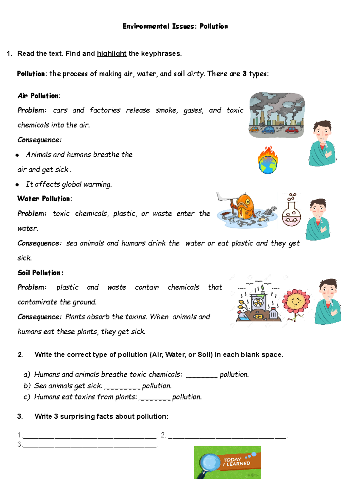 Pollution Worksheet - Environmental Issues: Pollution Read the text ...