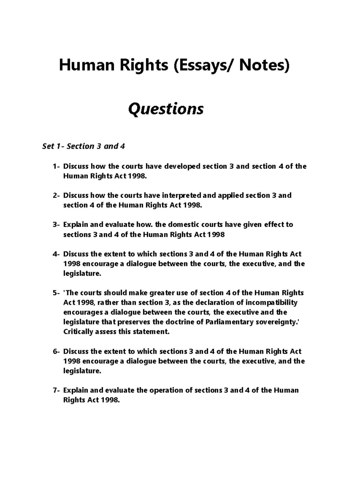 Human Rights Act 1998: Practice Questions & Discussions on Sections 3-4 ...