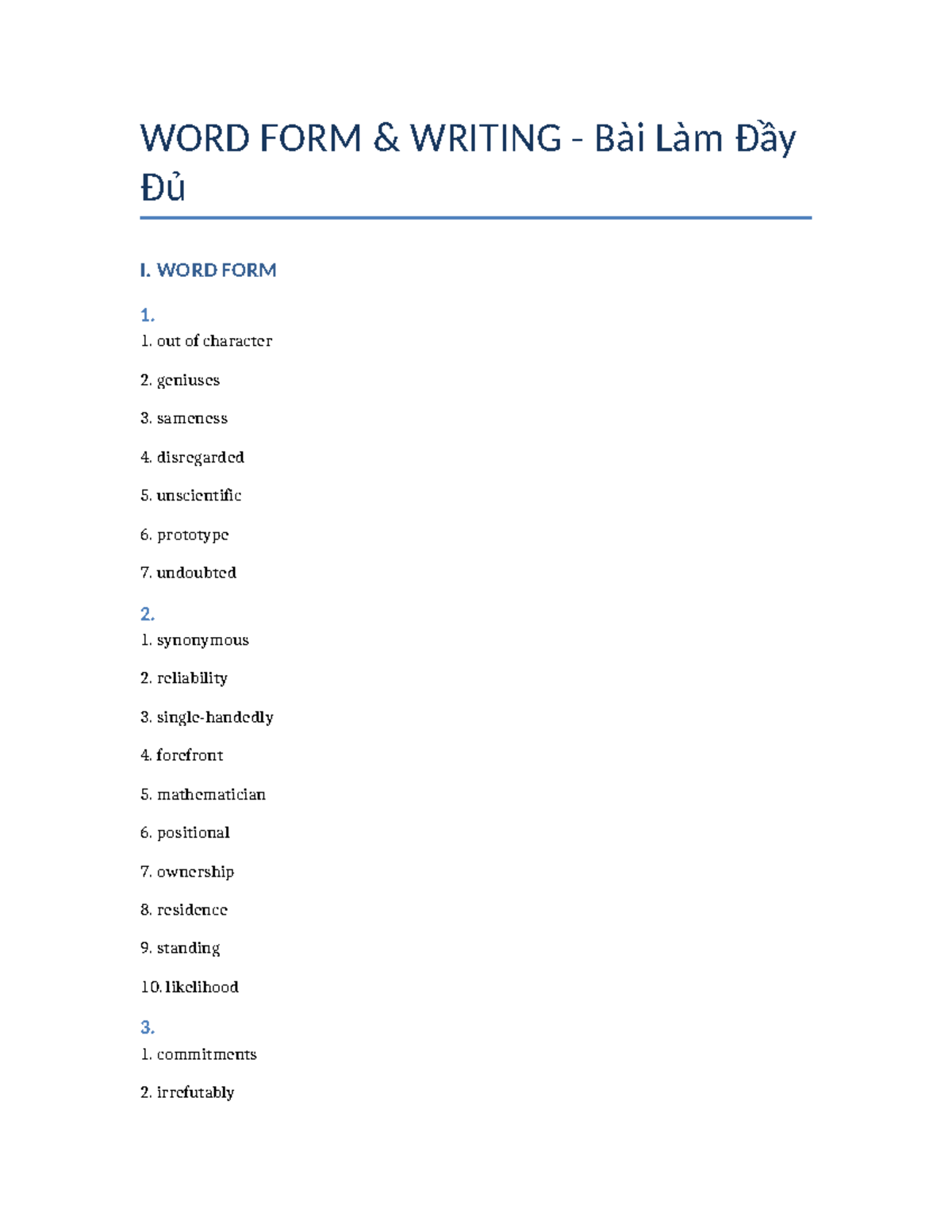 WORD FORM WRITING (Bài Làm Đầy Đủ) - Answers and Examples - Studocu