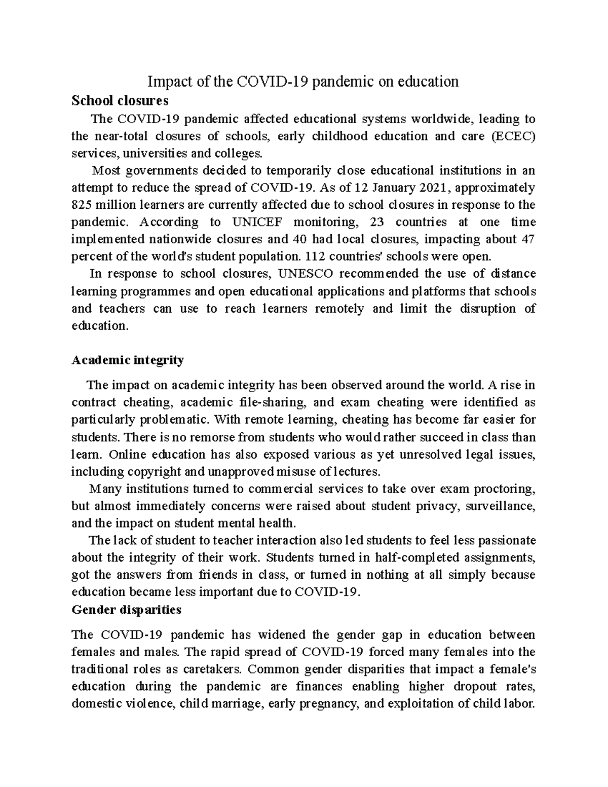 Impact of the Covid - Impact of the COVID-19 pandemic on education ...