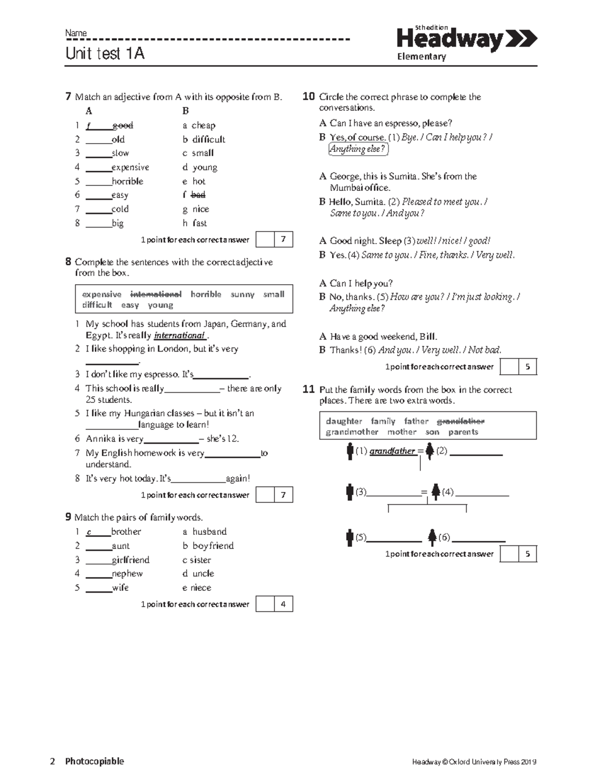 Test8 - nnn - 5th edition Name Unit test 1A Elementar y 2 Photocopiable ...