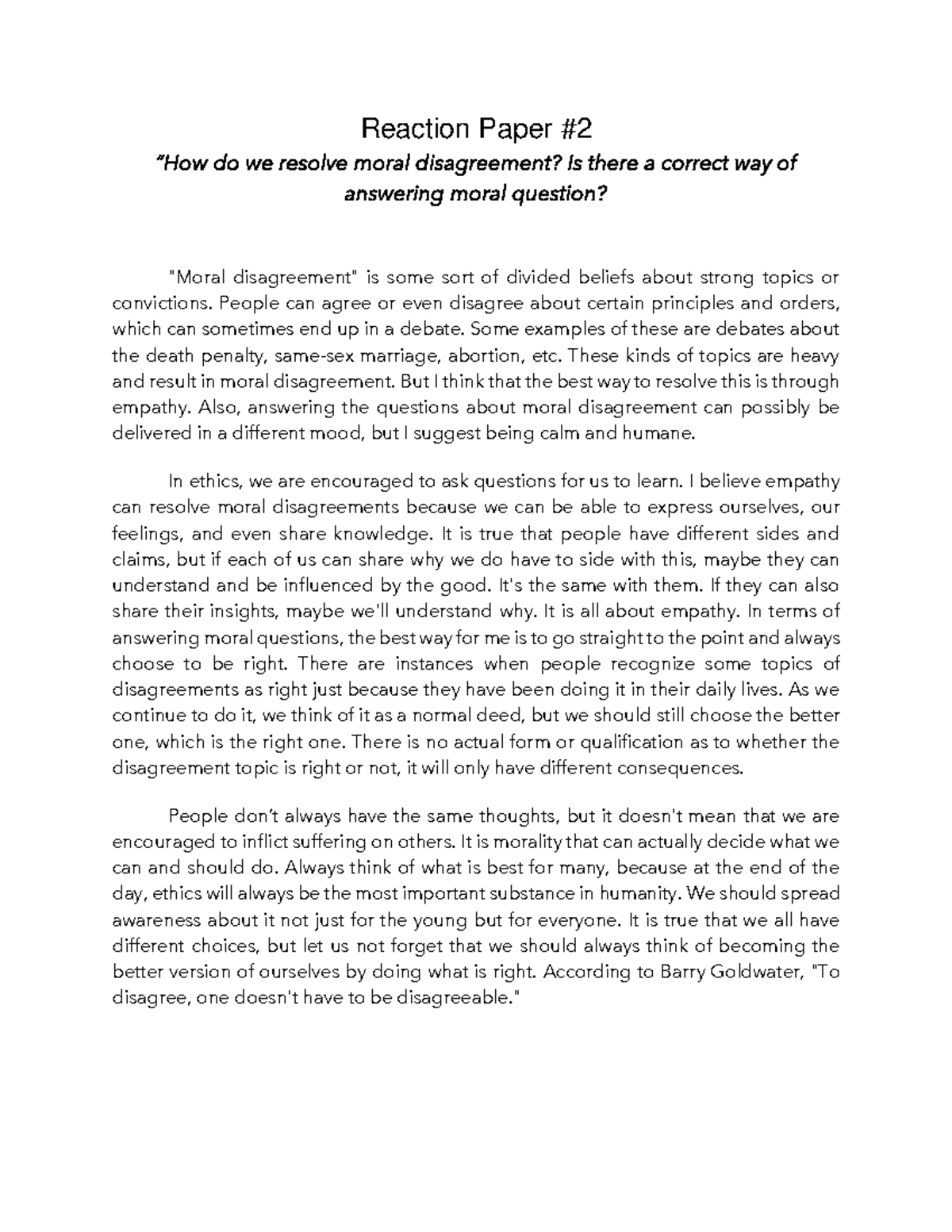 Reaction Paper - Resolving Moral Disagreement through Empathy - Studocu