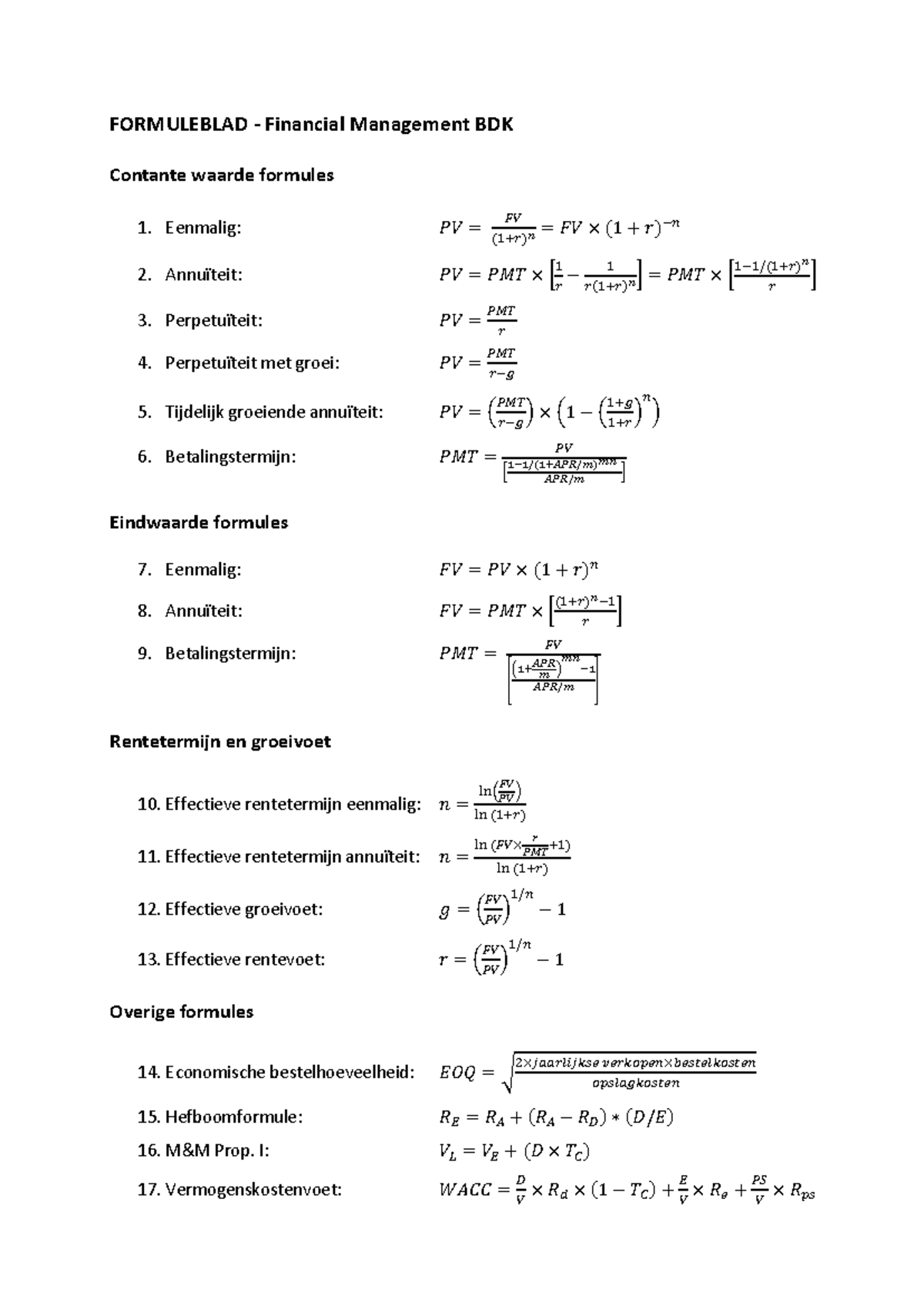 Formuleblad FM BDK - Formulas for Financial Management - Studeersnel
