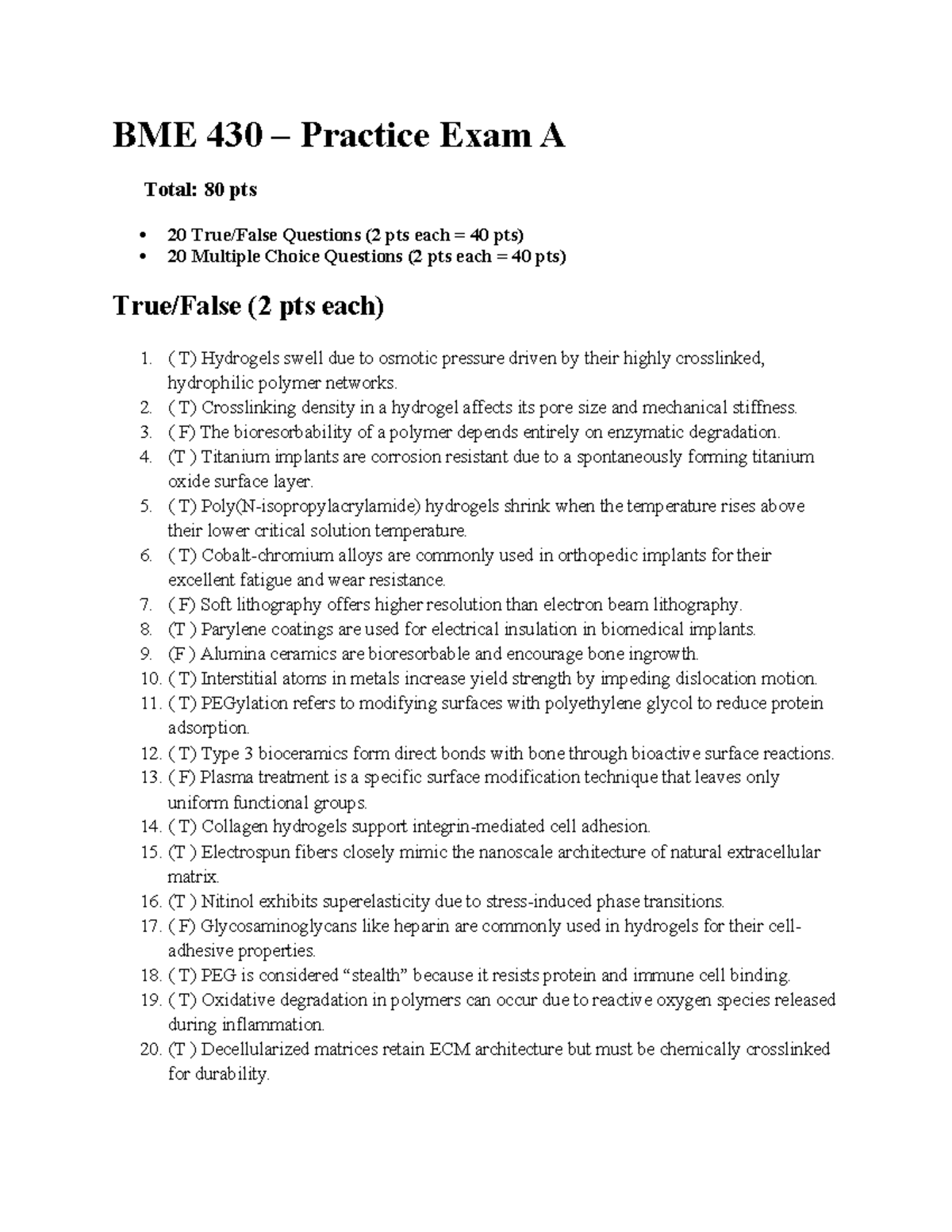 BME 430 Midterm Exam 2 Prep - Practice Questions and Answer Key - Studocu