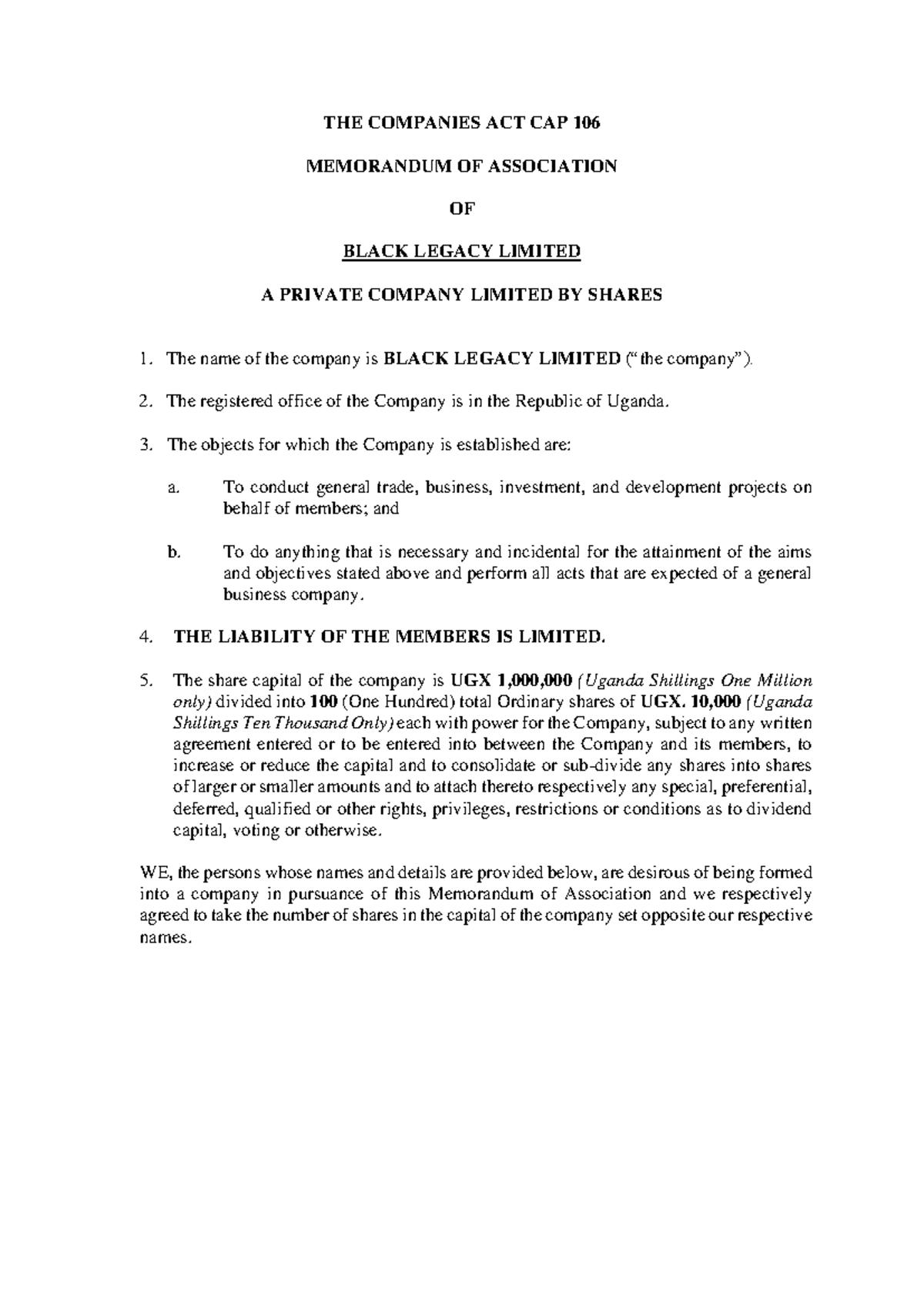 Memorandum of Association for Black Legacy Ltd - Companies Act CAP 106 ...